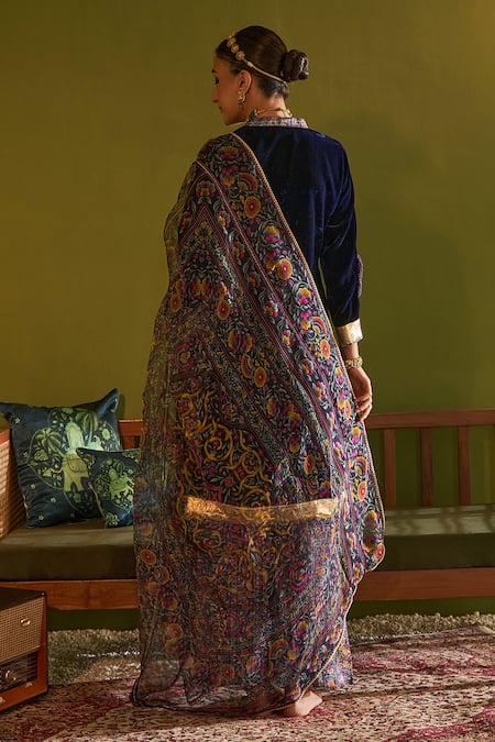 Shop Sage Saga Blue Velvet, Silk, Satin, Organza Saru Neel Floral Print Kurta Set With Dupatta at Aza Fashions Shop_Sage Saga_Blue Velvet, Silk, Satin, Organza Saru Neel Floral Print Kurta Set With Dupatta _at_Aza_Fashions