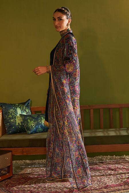 Shop Sage Saga Blue Velvet, Silk, Satin, Organza Saru Neel Floral Print Kurta Set With Dupatta Online at Aza Fashions Shop_Sage Saga_Blue Velvet, Silk, Satin, Organza Saru Neel Floral Print Kurta Set With Dupatta _Online_at_Aza_Fashions