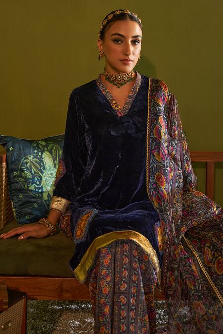 Sage Saga Blue Velvet, Silk, Satin, Organza Saru Neel Floral Print Kurta Set With Dupatta at Aza Fashions Sage Saga_Blue Velvet, Silk, Satin, Organza Saru Neel Floral Print Kurta Set With Dupatta _at_Aza_Fashions