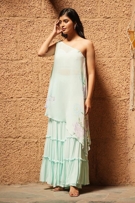 Buy_House Of TA-YA_Blue Georgette Embroidery, Ruffles One Floral Print Asymmetric Cape Gharara Set _Online_at_Aza_Fashions