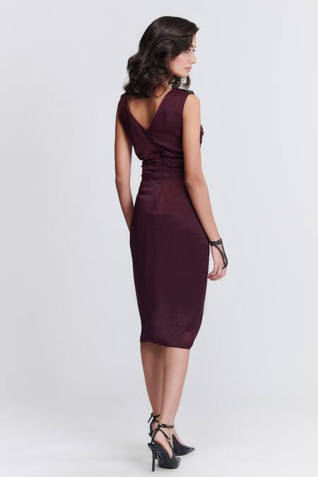 Shop_S&N By Shantnu Nikhil_Purple Satin V-neck Front Twisted Draped Dress_at_Aza_Fashions