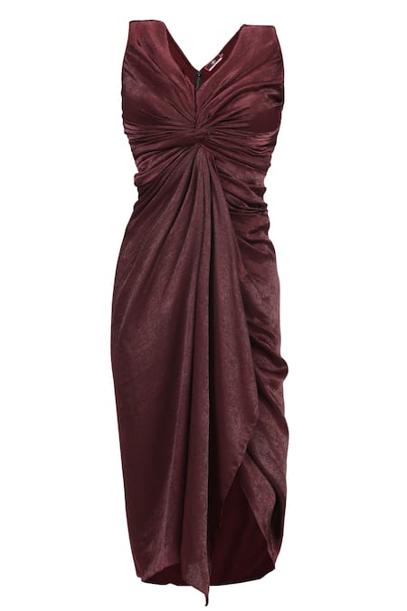 S&N By Shantnu Nikhil_Purple Satin V-neck Front Twisted Draped Dress_Online_at_Aza_Fashions