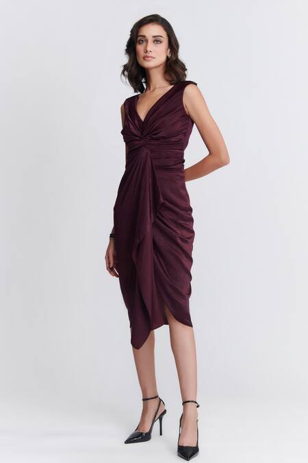 Buy_S&N By Shantnu Nikhil_Purple Satin V-neck Front Twisted Draped Dress_Online_at_Aza_Fashions