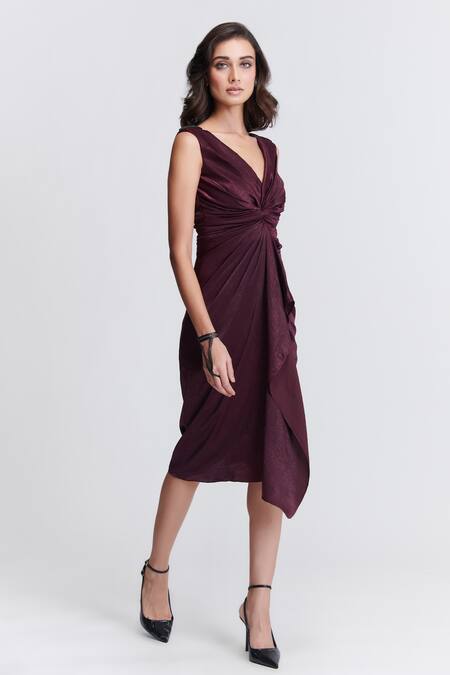 Shop_S&N By Shantnu Nikhil_Purple Satin V-neck Front Twisted Draped Dress_Online_at_Aza_Fashions