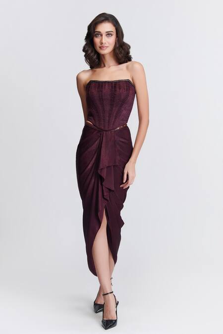S&N By Shantnu Nikhil_Purple Crystals Sweetheart Neck Pleated And Embellished Corset Top_Online_at_Aza_Fashions