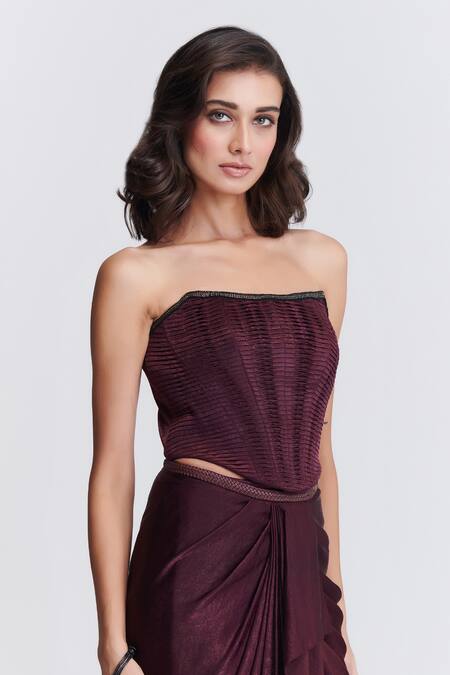 Shop_S&N By Shantnu Nikhil_Purple Crystals Sweetheart Neck Pleated And Embellished Corset Top_Online_at_Aza_Fashions
