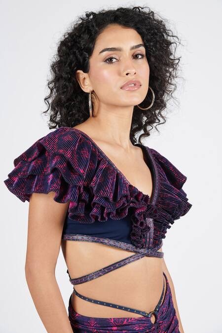 S&N By Shantnu Nikhil_Blue Polyester Sequins V-neck Crinkled Ruffle Layered Top_Online_at_Aza_Fashions