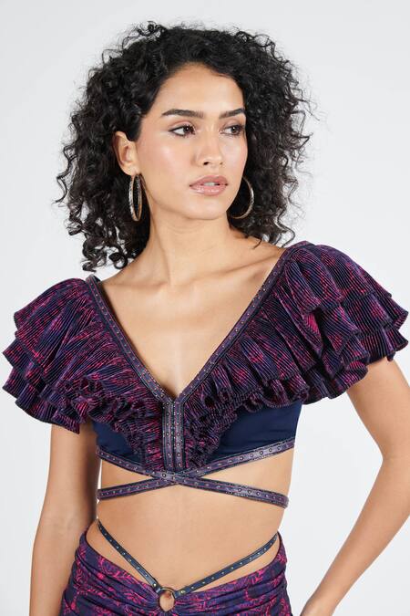 Buy_S&N By Shantnu Nikhil_Blue Polyester Sequins V-neck Crinkled Ruffle Layered Top_Online_at_Aza_Fashions