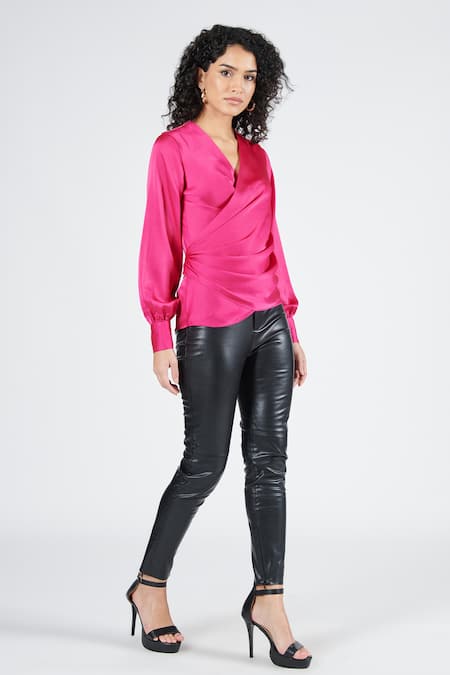 Buy Pink Nirvana Crepe Plain Surplice Neck Bishop Sleeve Wrap Top For ...