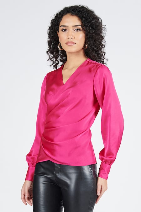 Buy_S&N By Shantnu Nikhil_Pink Nylon V-neck Bishop Sleeve Wrap Top_Online_at_Aza_Fashions
