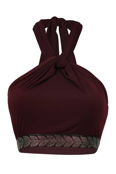 Buy_S&N By Shantnu Nikhil_Purple Polyester Crystals Halter Neck Stone Embellished Crop Top_Online_at_Aza_Fashions