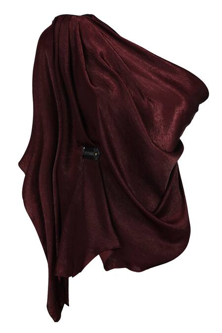 S&N By Shantnu Nikhil_Purple Satin Crystals One Shoulder Draped Top_Online_at_Aza_Fashions