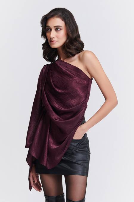 Buy S&N By Shantnu Nikhil Purple Satin Crystals One Shoulder Draped Top Online at Aza Fashions Buy_S&N By Shantnu Nikhil_Purple Satin Crystals One Shoulder Draped Top_Online_at_Aza_Fashions