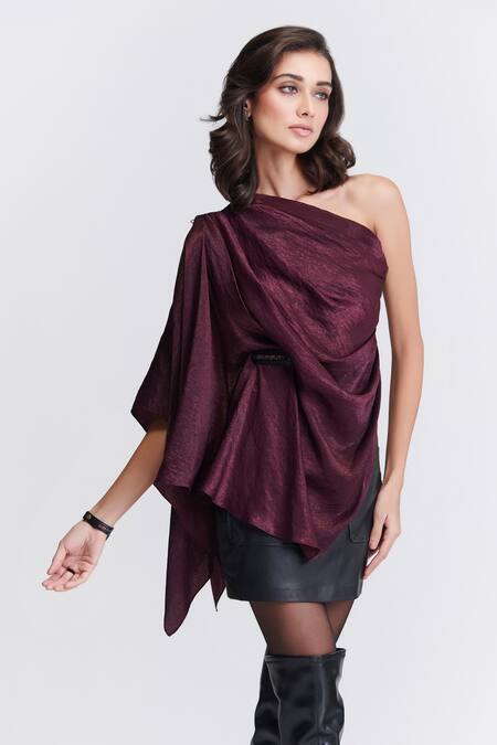Shop S&N By Shantnu Nikhil Purple Satin Crystals One Shoulder Draped Top Online at Aza Fashions Shop_S&N By Shantnu Nikhil_Purple Satin Crystals One Shoulder Draped Top_Online_at_Aza_Fashions
