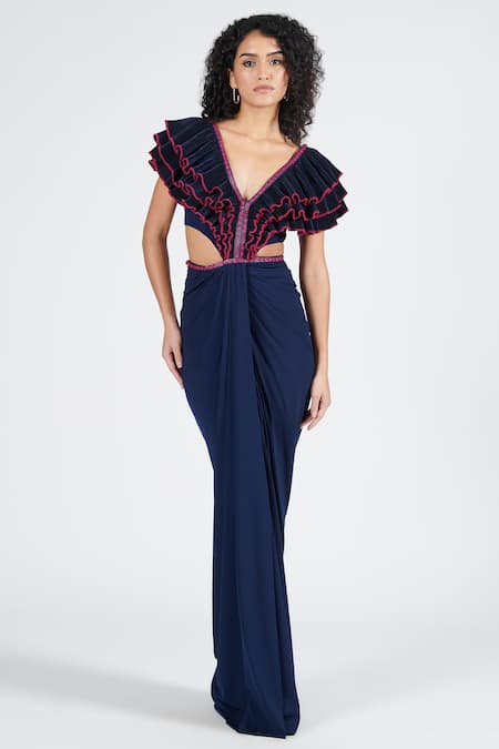 S&N by Shantnu Nikhil Blue Poly Satin Embellished Thread And Bead Work Pleated Draped Ruffle Saree Gown