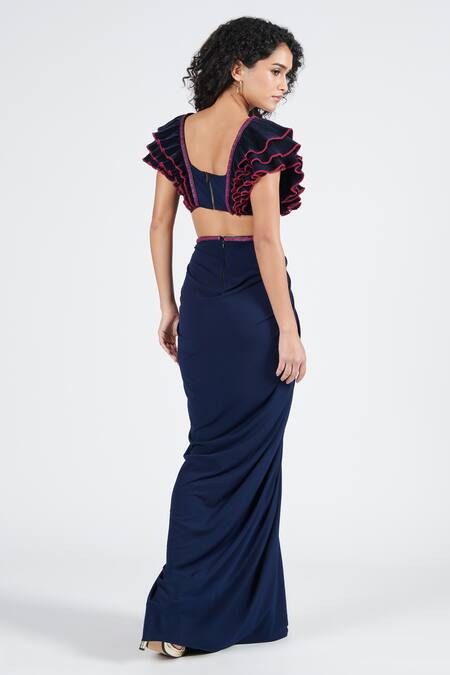 Shop S&N By Shantnu Nikhil Blue Polyester V-neck Navy Embellished Ruffle Saree Gown at Aza Fashions Shop_S&N By Shantnu Nikhil_Blue Polyester V-neck Navy Embellished Ruffle Saree Gown_at_Aza_Fashions