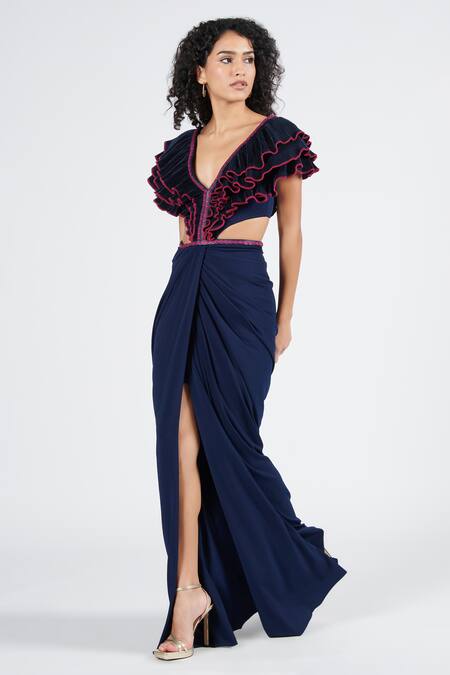 S&N By Shantnu Nikhil Blue Polyester V-neck Navy Embellished Ruffle Saree Gown Online at Aza Fashions S&N By Shantnu Nikhil_Blue Polyester V-neck Navy Embellished Ruffle Saree Gown_Online_at_Aza_Fashions