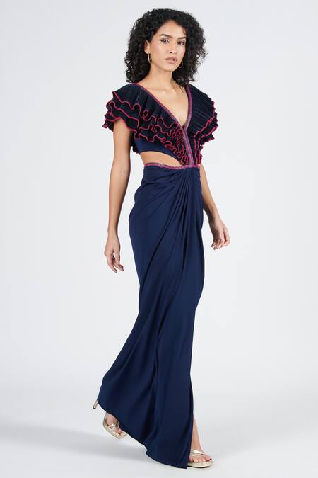 Buy S&N By Shantnu Nikhil Blue Polyester V-neck Navy Embellished Ruffle Saree Gown Online at Aza Fashions Buy_S&N By Shantnu Nikhil_Blue Polyester V-neck Navy Embellished Ruffle Saree Gown_Online_at_Aza_Fashions
