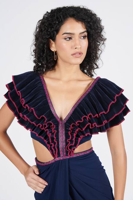 Shop S&N By Shantnu Nikhil Blue Polyester V-neck Navy Embellished Ruffle Saree Gown Online at Aza Fashions Shop_S&N By Shantnu Nikhil_Blue Polyester V-neck Navy Embellished Ruffle Saree Gown_Online_at_Aza_Fashions