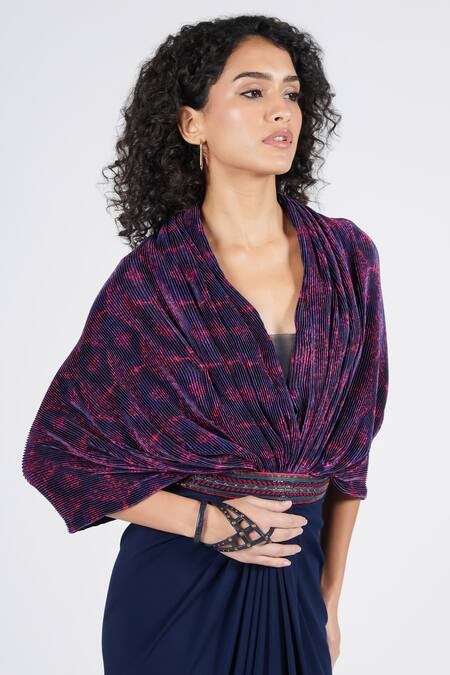 Buy_S&N By Shantnu Nikhil_Blue Polyester Metallic Thread, Embroidery V-neck Crinkled Draped Saree Gown_Online_at_Aza_Fashions