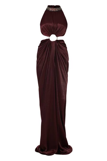 S&N By Shantnu Nikhil_Purple Silk Halter Neck Draped Saree Gown_Online_at_Aza_Fashions