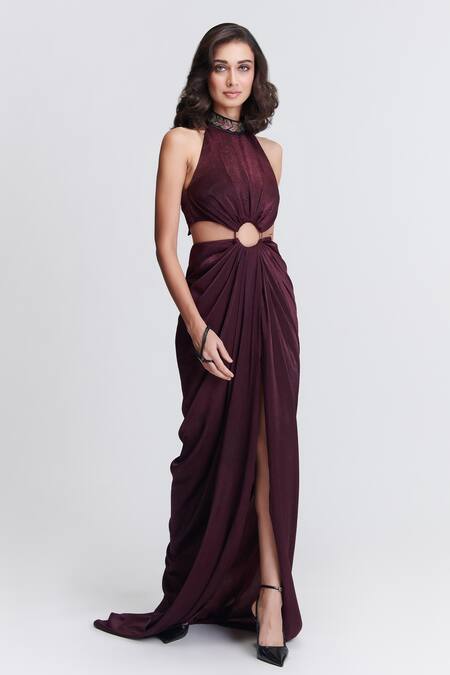 Shop S&N By Shantnu Nikhil Purple Silk Halter Neck Draped Saree Gown Online at Aza Fashions Shop_S&N By Shantnu Nikhil_Purple Silk Halter Neck Draped Saree Gown_Online_at_Aza_Fashions