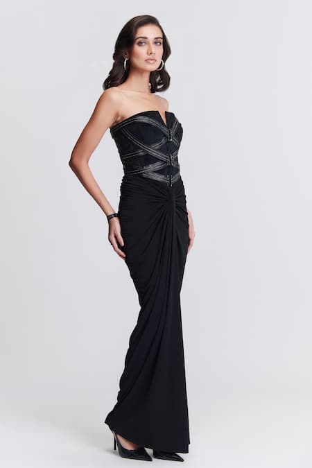 Buy_S&N By Shantnu Nikhil_Black Polyester Crystals V-neck Stone Embellished Saree Gown_Online_at_Aza_Fashions
