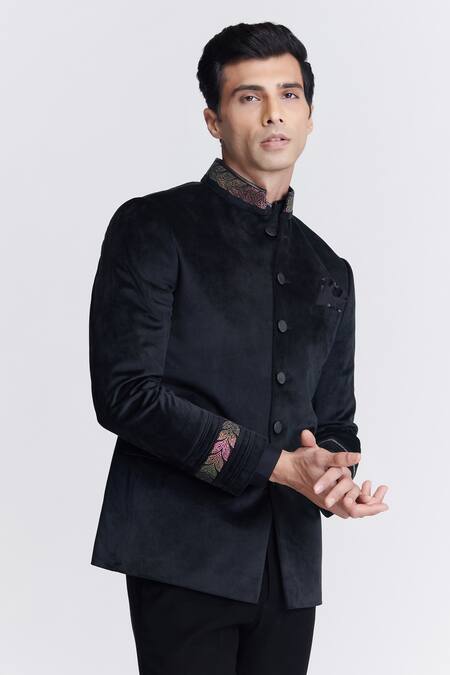 Buy_S&N By Shantnu Nikhil_Black Velvet Crystals Bandhgala_Online_at_Aza_Fashions