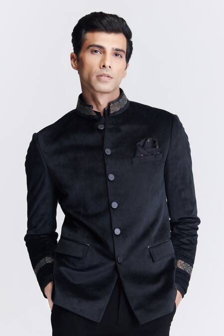 Shop_S&N By Shantnu Nikhil_Black Velvet Crystals Bandhgala_Online_at_Aza_Fashions