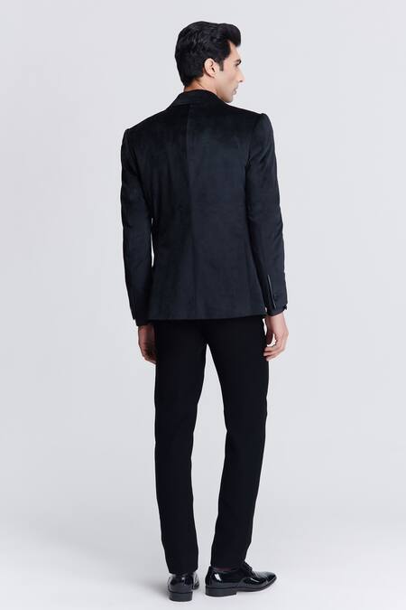 Shop_S&N By Shantnu Nikhil_Black Velvet Crystals Crest Embroidered Jacket_at_Aza_Fashions