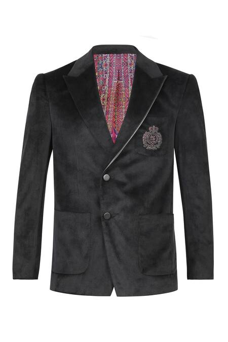 S&N By Shantnu Nikhil_Black Velvet Crystals Crest Embroidered Jacket_Online_at_Aza_Fashions