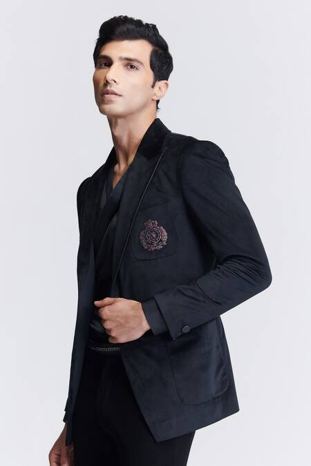 Buy_S&N By Shantnu Nikhil_Black Velvet Crystals Crest Embroidered Jacket_Online_at_Aza_Fashions