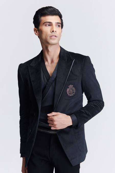 Shop_S&N By Shantnu Nikhil_Black Velvet Crystals Crest Embroidered Jacket_Online_at_Aza_Fashions