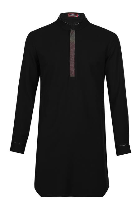 S&N By Shantnu Nikhil_Black Suede Crystals Embroidered Placket Kurta_Online_at_Aza_Fashions