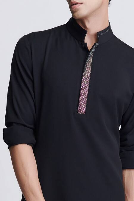 Buy_S&N By Shantnu Nikhil_Black Suede Crystals Embroidered Placket Kurta_Online_at_Aza_Fashions