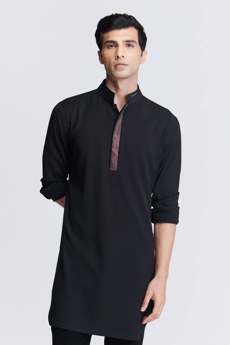 Shop_S&N By Shantnu Nikhil_Black Suede Crystals Embroidered Placket Kurta_Online_at_Aza_Fashions