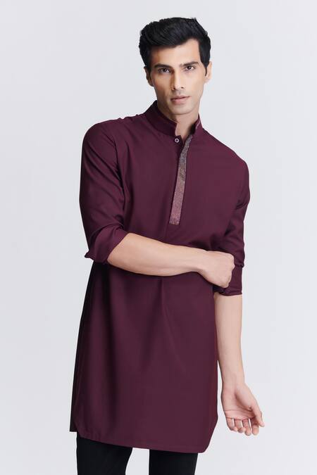 Shop S&N By Shantnu Nikhil Purple Satin Embroidery Straight Placket Kurta Online at Aza Fashions Shop_S&N By Shantnu Nikhil_Purple Satin Embroidery Straight Placket Kurta_Online_at_Aza_Fashions