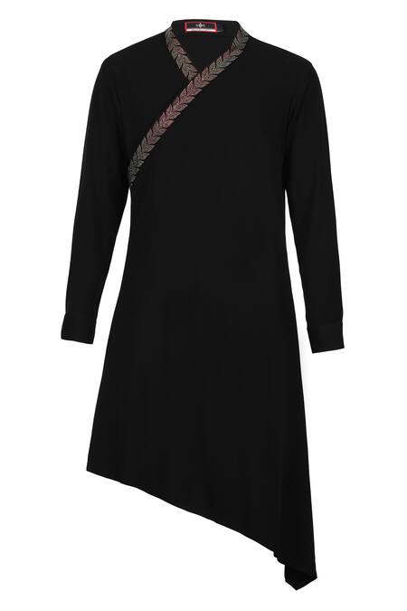 S&N By Shantnu Nikhil_Black Suede Crystals Asymmetric Hemline Kurta_Online_at_Aza_Fashions