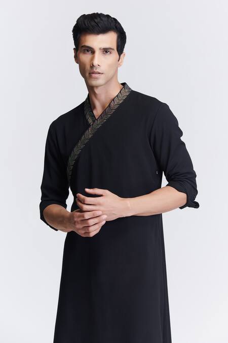 Buy_S&N By Shantnu Nikhil_Black Suede Crystals Asymmetric Hemline Kurta_Online_at_Aza_Fashions