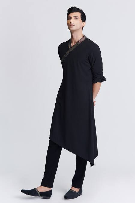 Shop_S&N By Shantnu Nikhil_Black Suede Crystals Asymmetric Hemline Kurta_Online_at_Aza_Fashions