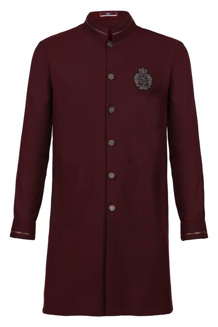 S&N By Shantnu Nikhil_Purple Polyester, Viscose Embroidery Crest Sherwani_Online_at_Aza_Fashions