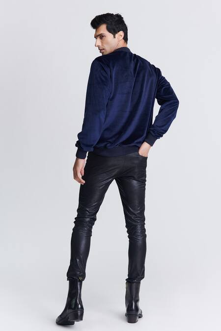 Shop_S&N By Shantnu Nikhil_Blue Velour Crystals Navy Embroidered Sweatshirt_at_Aza_Fashions