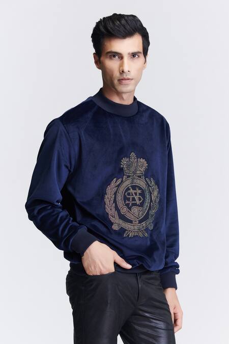 S&N By Shantnu Nikhil_Blue Velour Crystals Navy Embroidered Sweatshirt_Online_at_Aza_Fashions