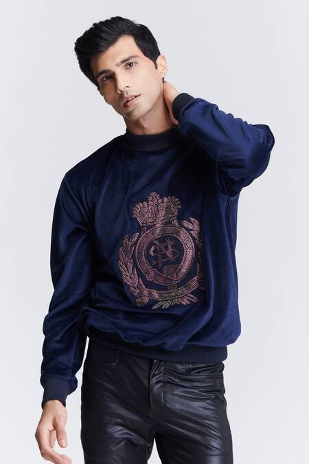 Buy_S&N By Shantnu Nikhil_Blue Velour Crystals Navy Embroidered Sweatshirt_Online_at_Aza_Fashions