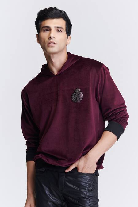 Buy S&N By Shantnu Nikhil Purple Velour Crystals Crest Embroidered Hoodie Online at Aza Fashions Buy_S&N By Shantnu Nikhil_Purple Velour Crystals Crest Embroidered Hoodie_Online_at_Aza_Fashions