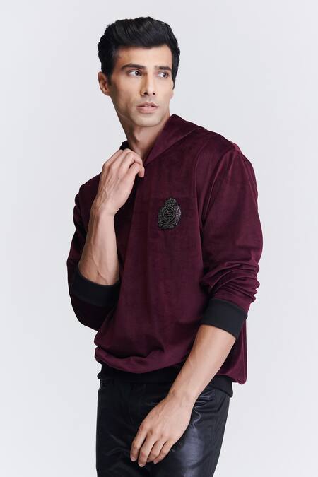 Shop S&N By Shantnu Nikhil Purple Velour Crystals Crest Embroidered Hoodie Online at Aza Fashions Shop_S&N By Shantnu Nikhil_Purple Velour Crystals Crest Embroidered Hoodie_Online_at_Aza_Fashions