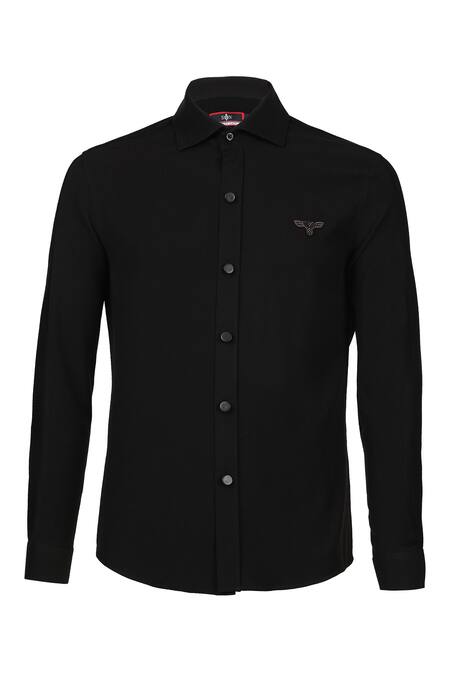 S&N By Shantnu Nikhil_Black Satin Embroidery Placement Crystal Panel Shirt_Online_at_Aza_Fashions