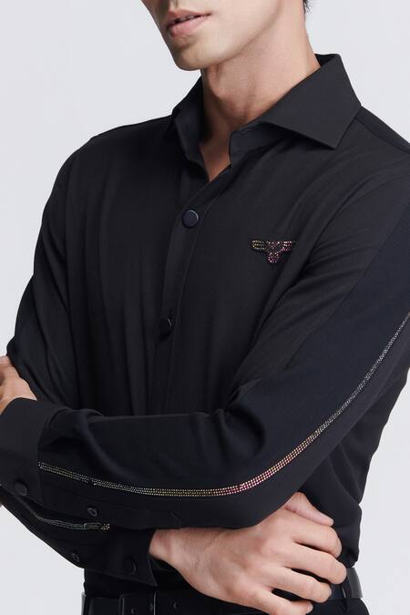 Buy_S&N By Shantnu Nikhil_Black Satin Embroidery Placement Crystal Panel Shirt_Online_at_Aza_Fashions