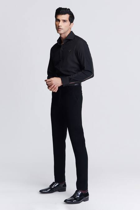 Shop_S&N By Shantnu Nikhil_Black Satin Embroidery Placement Crystal Panel Shirt_Online_at_Aza_Fashions