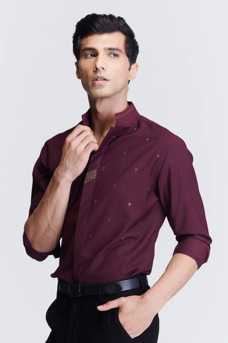 Shop S&N By Shantnu Nikhil Purple Polyester, Viscose Crystals Embroidered Shirt Online at Aza Fashions Shop_S&N By Shantnu Nikhil_Purple Polyester, Viscose Crystals Embroidered Shirt_Online_at_Aza_Fashions